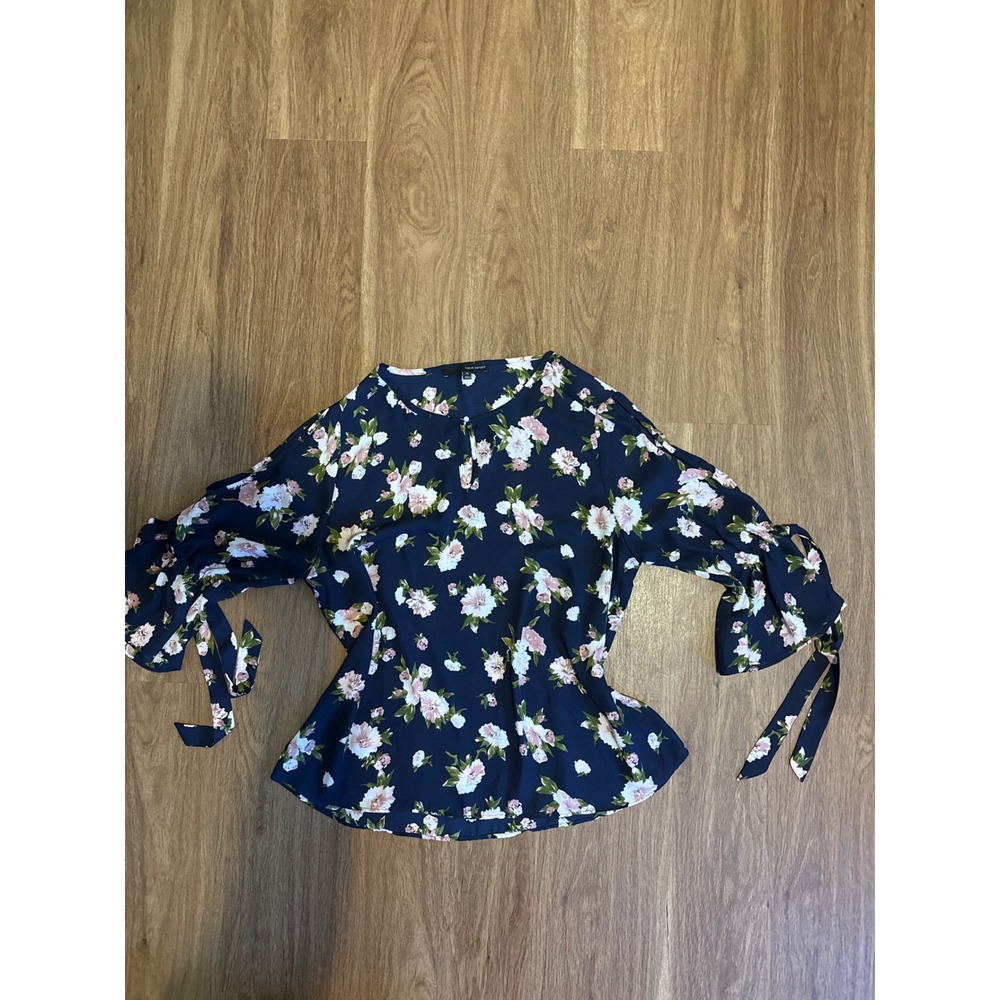 Harve Benard Navy Floral Cold Shoulder Blouse Pearl Keyhole XL Tie Sleeve Top